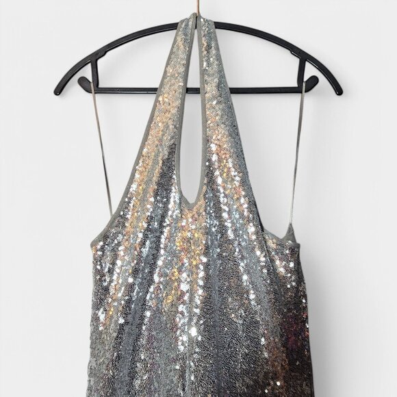 Mango Halterneck Sequin Midi Dress Silver Keyhole Cocktail Event Prom NWT - Picture 4 of 16